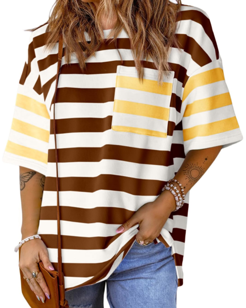 T-shirt às riscas Brielle para mulher – Top oversize com gola redonda e blocos de cor