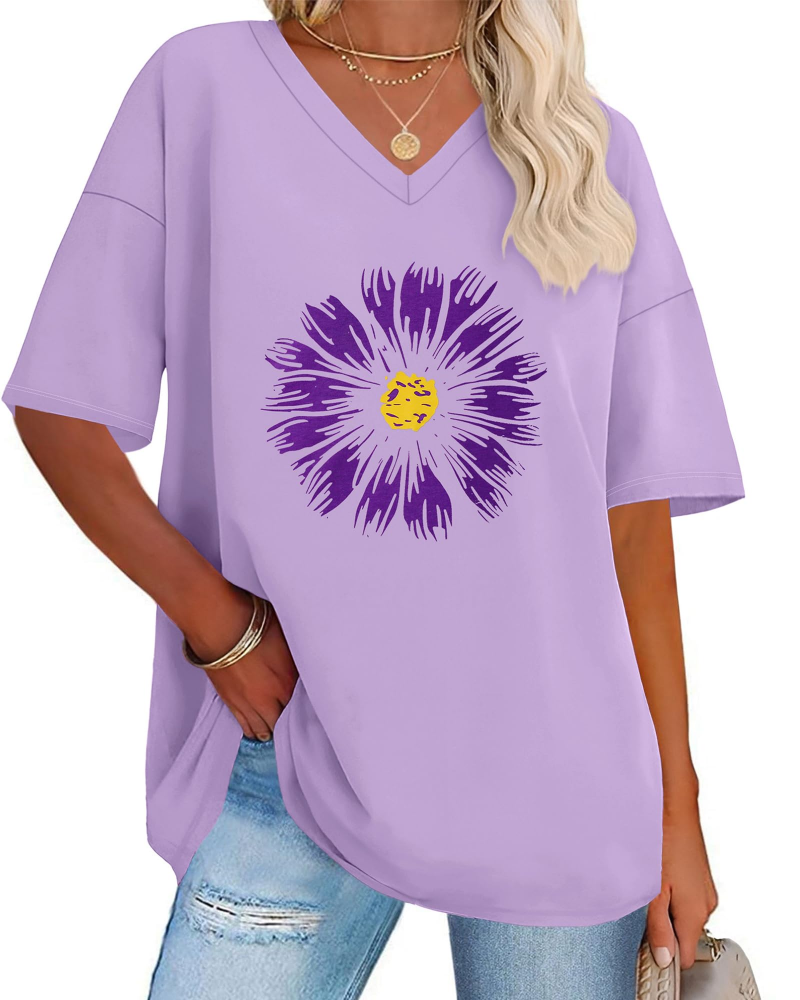 T-shirt Paisley Gráfico Feminino – Top Oversize com Decote em V Casual