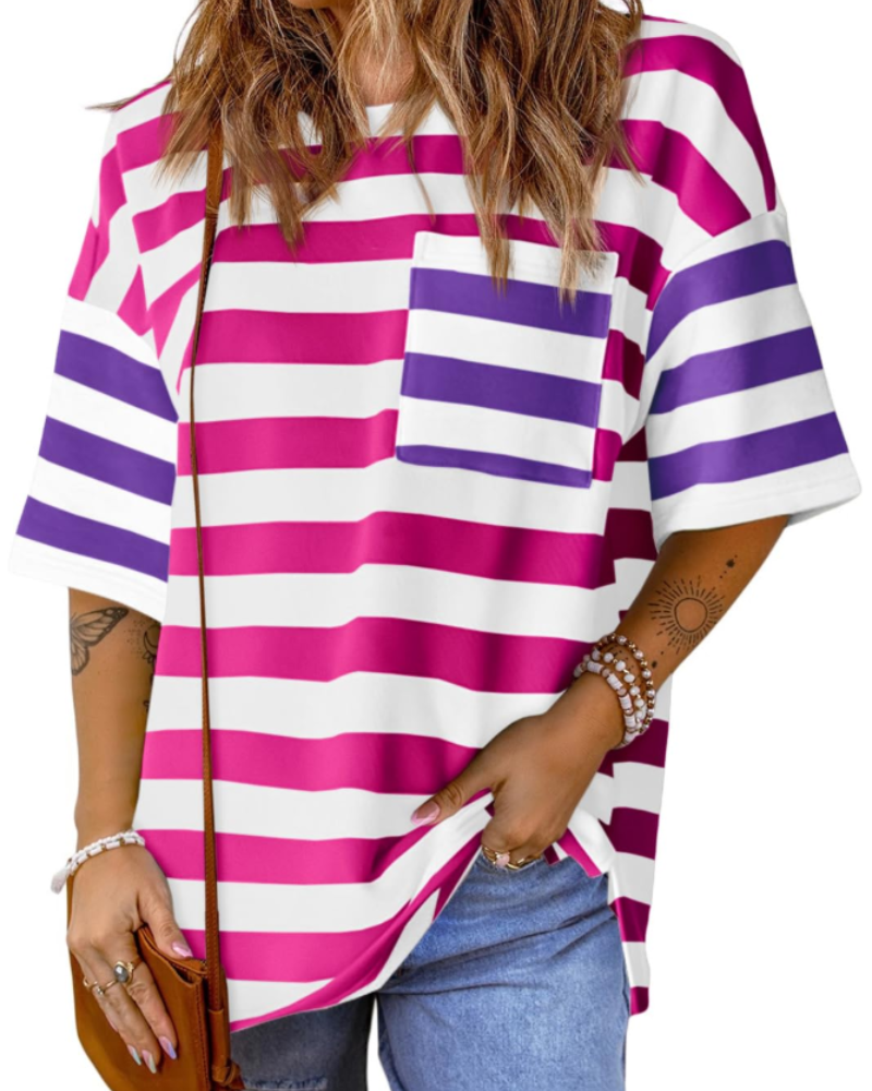 T-shirt às riscas Brielle para mulher – Top oversize com gola redonda e blocos de cor