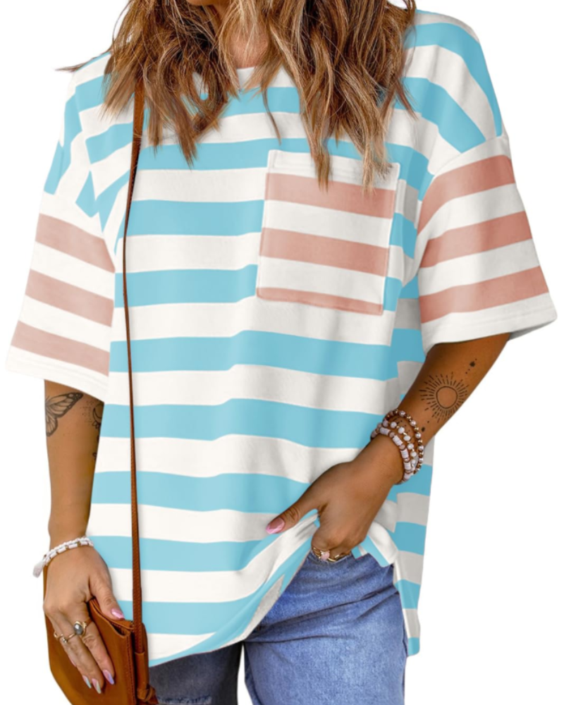 T-shirt às riscas Brielle para mulher – Top oversize com gola redonda e blocos de cor