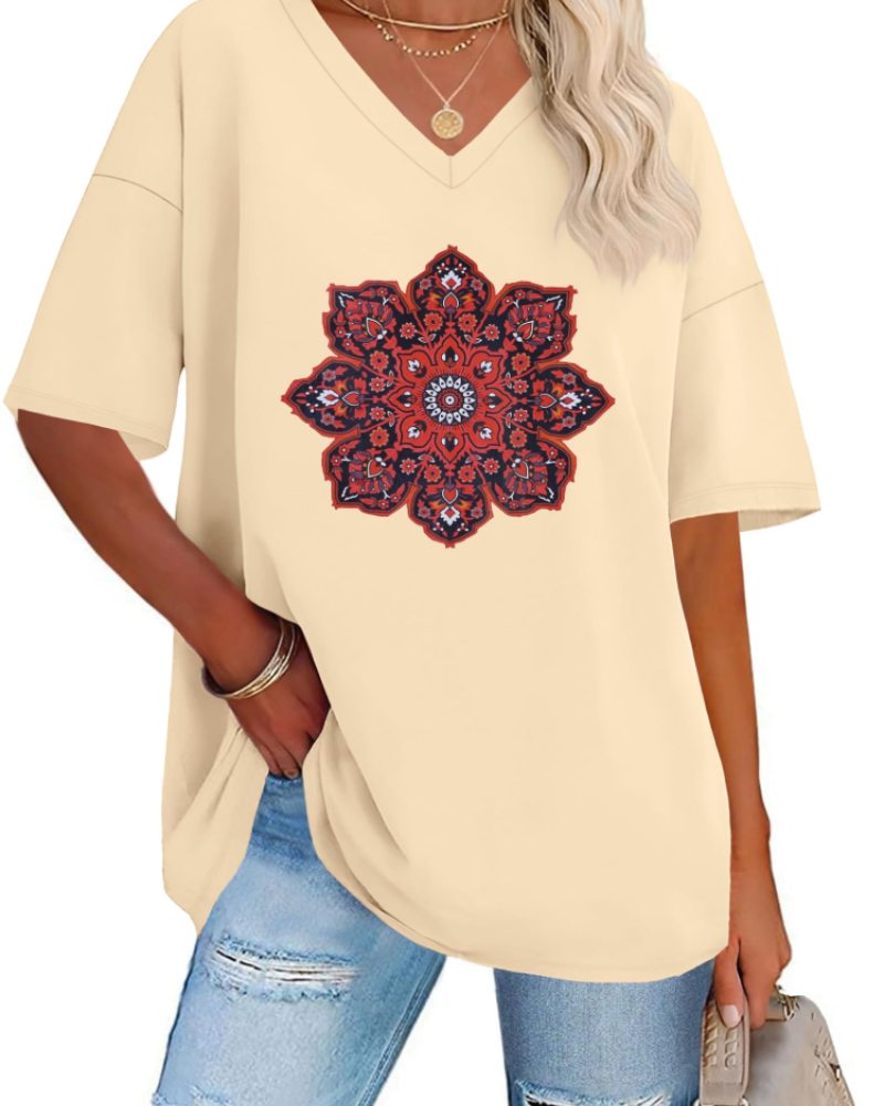 T-shirt Paisley Gráfico Feminino – Top Oversize com Decote em V Casual