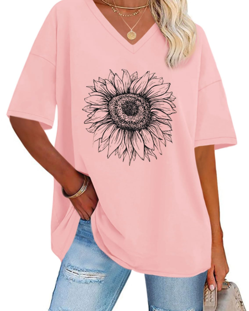 T-shirt Paisley Gráfico Feminino – Top Oversize com Decote em V Casual