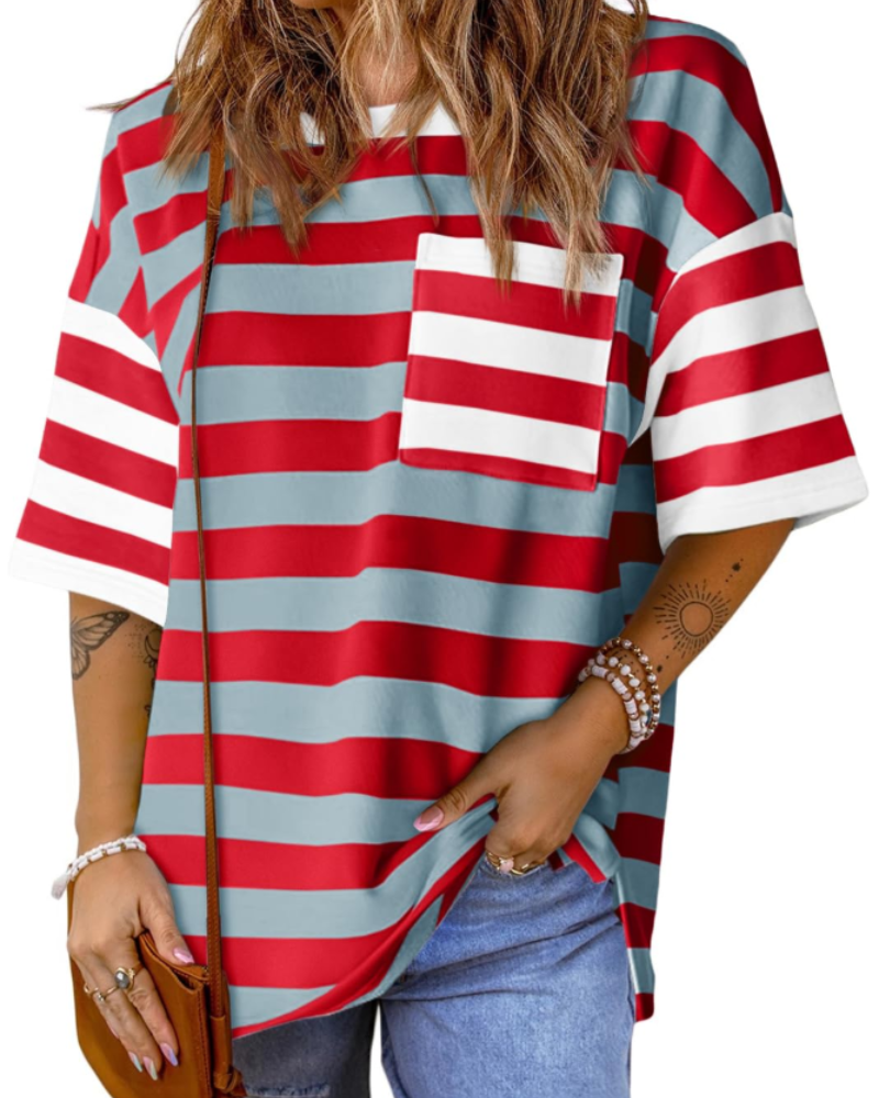 T-shirt às riscas Brielle para mulher – Top oversize com gola redonda e blocos de cor