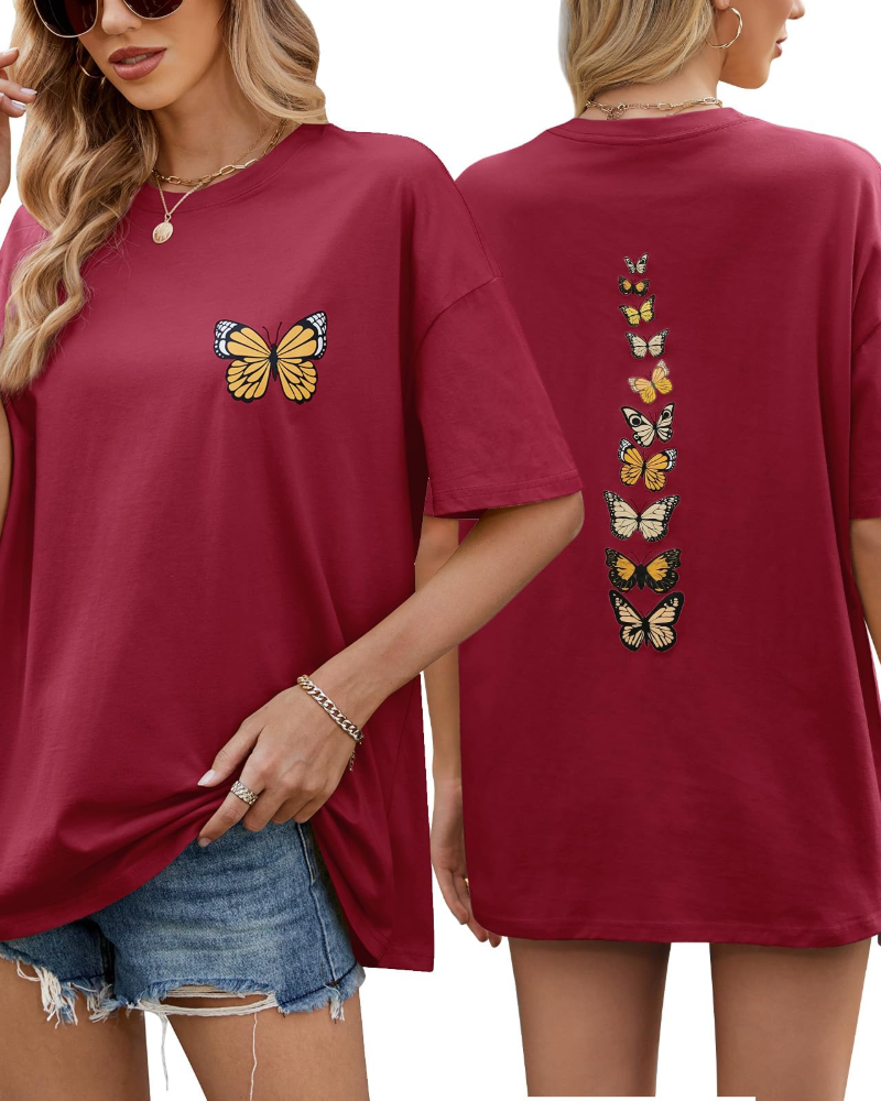 T-shirt Oversize Donna Sloane – Maglietta Vintage in Cotone con Stampa Farfalla e Taglio Largo