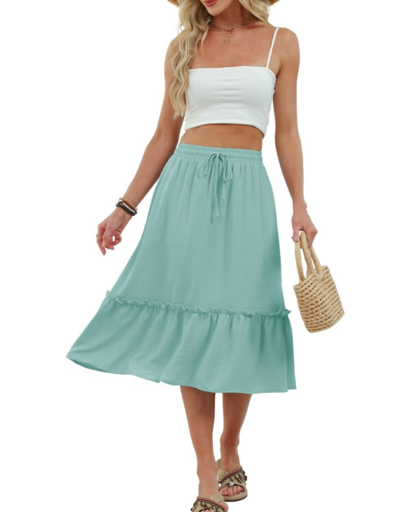 Hadley Jupe Midi Femme – Jupe Unie à Taille Élastique avec Cordon et Poches