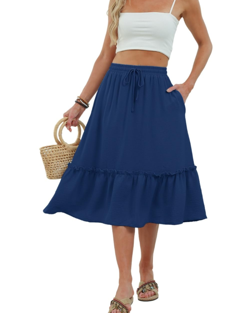 Hadley Jupe Midi Femme – Jupe Unie à Taille Élastique avec Cordon et Poches