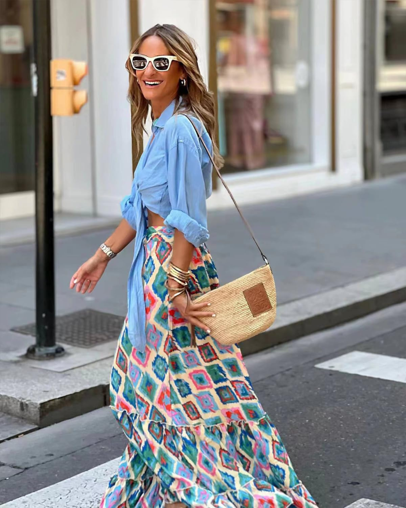Saia Maxi Feminina Ainsley Jupe com Estampa Floral – Saia Boémia com Cintura Smockada e Folhos