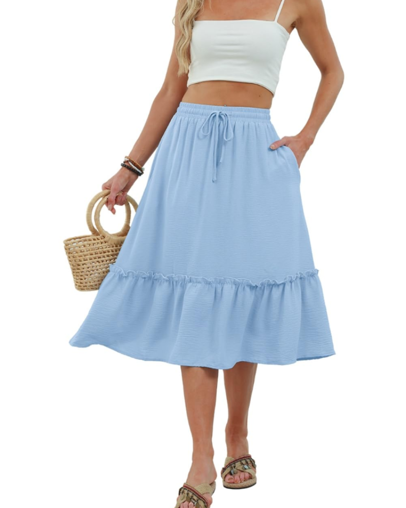 Hadley Jupe Midi Femme – Jupe Unie à Taille Élastique avec Cordon et Poches