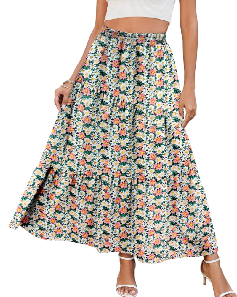 Natalie Jupe Maxi Feminina – Saia Longa Evasê com Cintura Alta Elástica, Babados e Bolsos