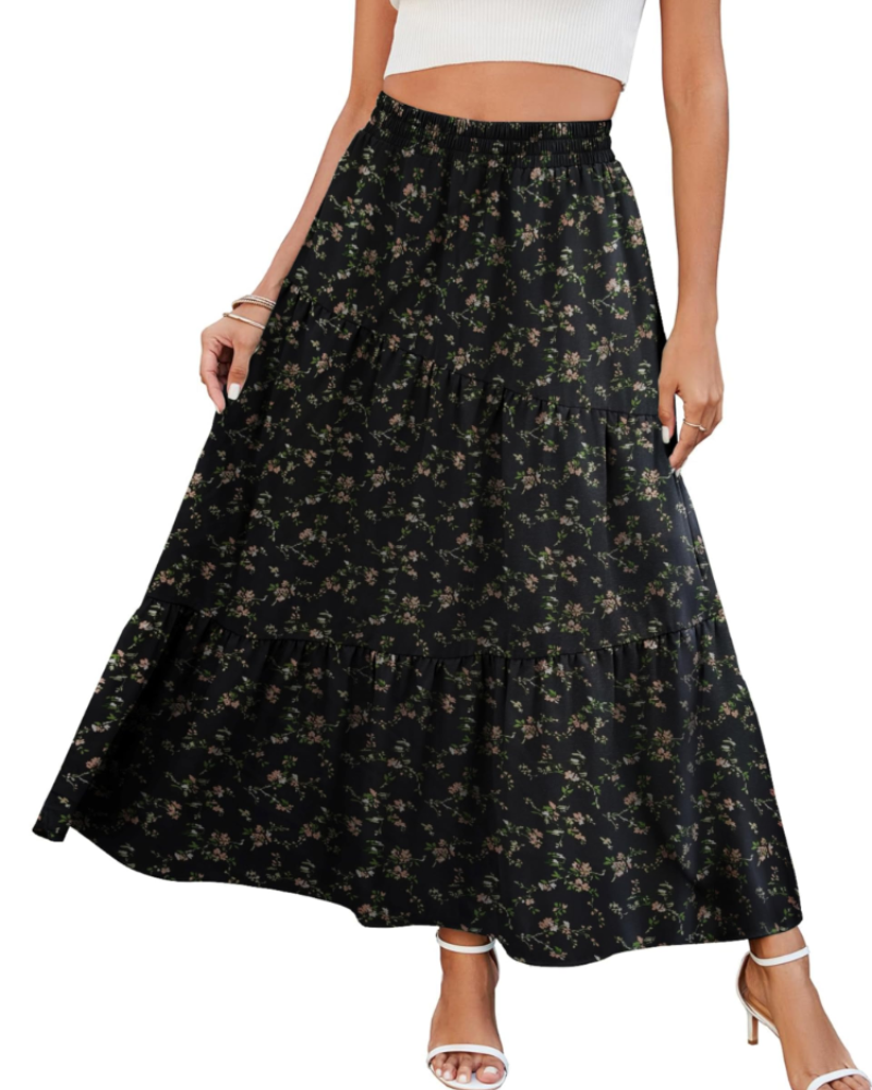 Natalie Jupe Maxi Feminina – Saia Longa Evasê com Cintura Alta Elástica, Babados e Bolsos