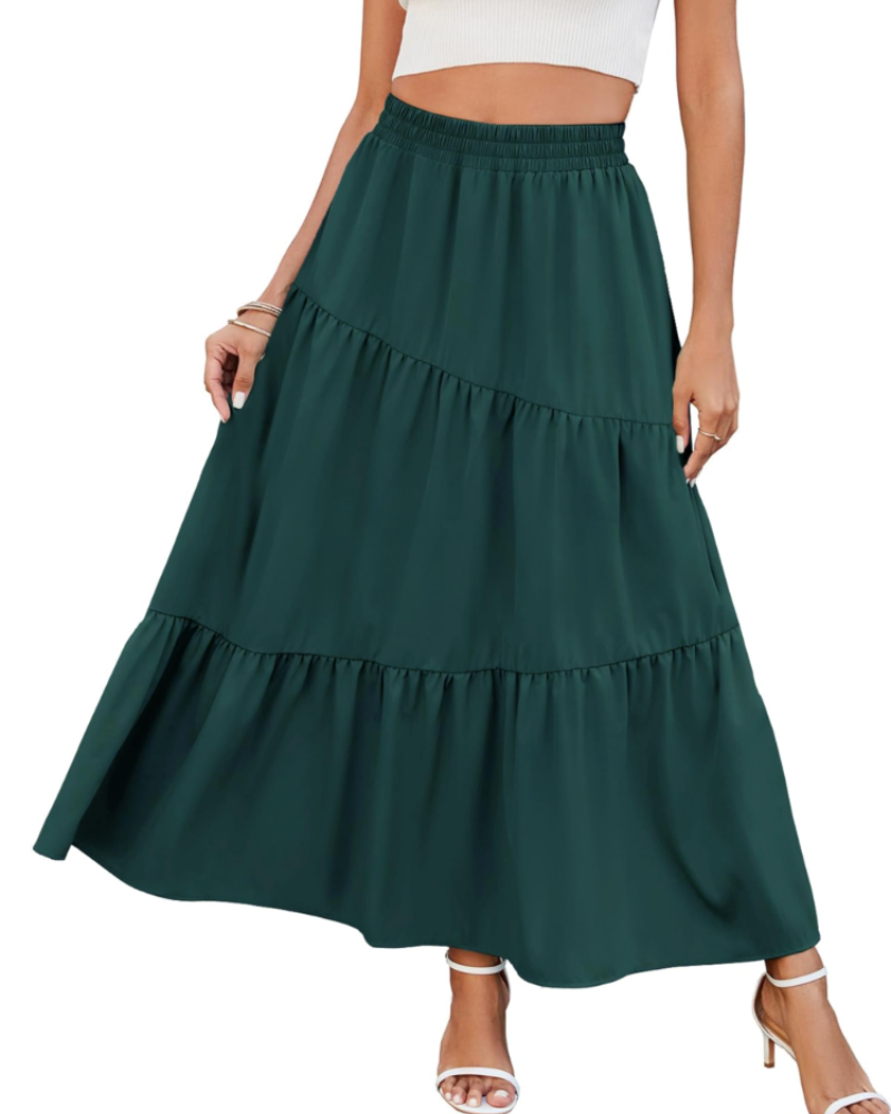 Natalie Jupe Maxi Feminina – Saia Longa Evasê com Cintura Alta Elástica, Babados e Bolsos