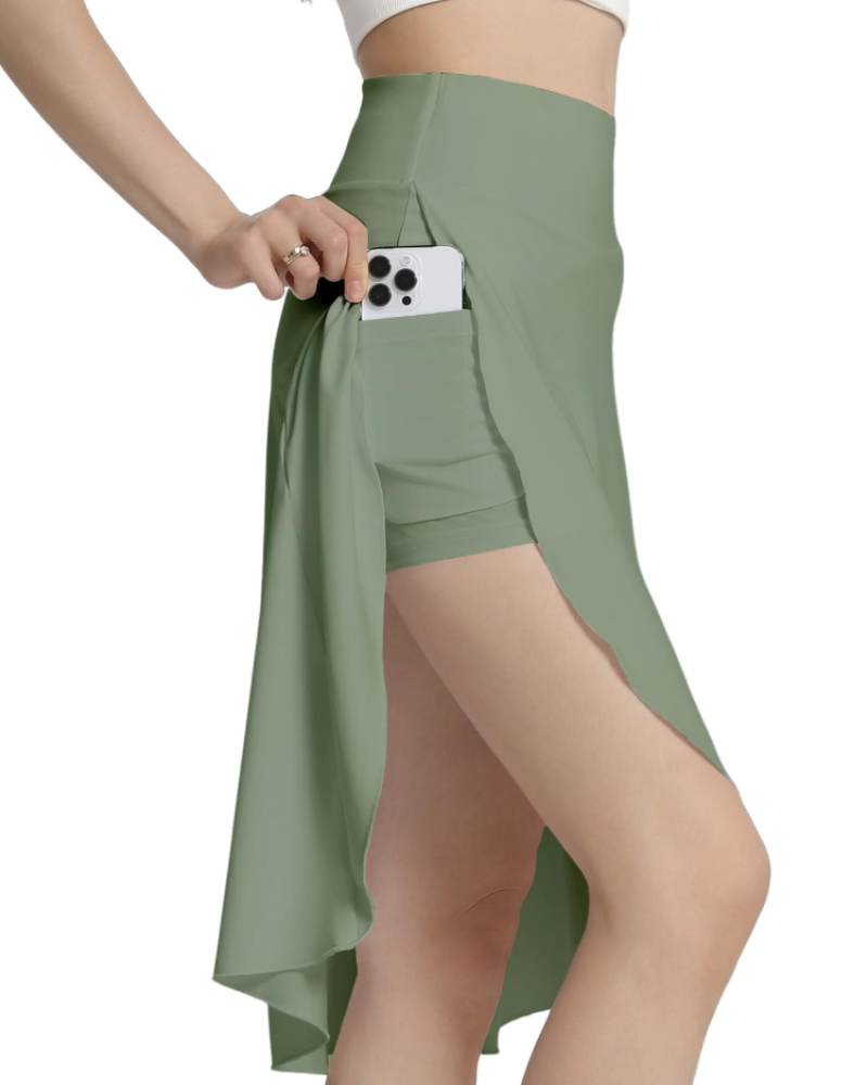Hailey Jupe-Short Midi til kvinder – Skort med høj talje, integrerede shorts, flæser og lommer