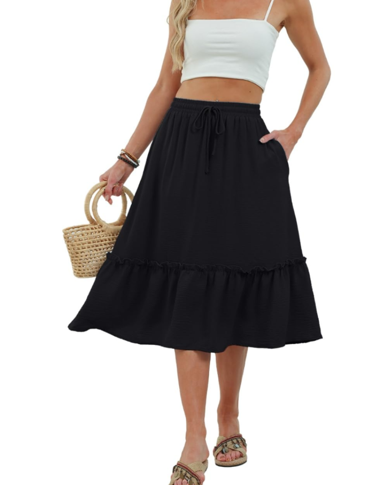 Hadley Jupe Midi Femme – Jupe Unie à Taille Élastique avec Cordon et Poches