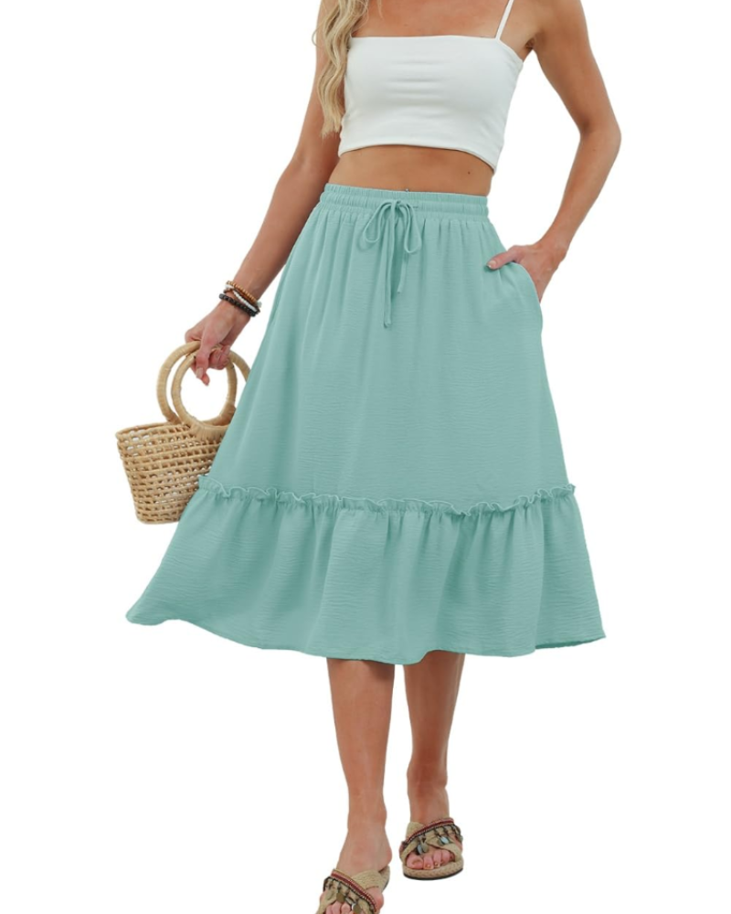 Hadley Jupe Midi Femme – Jupe Unie à Taille Élastique avec Cordon et Poches