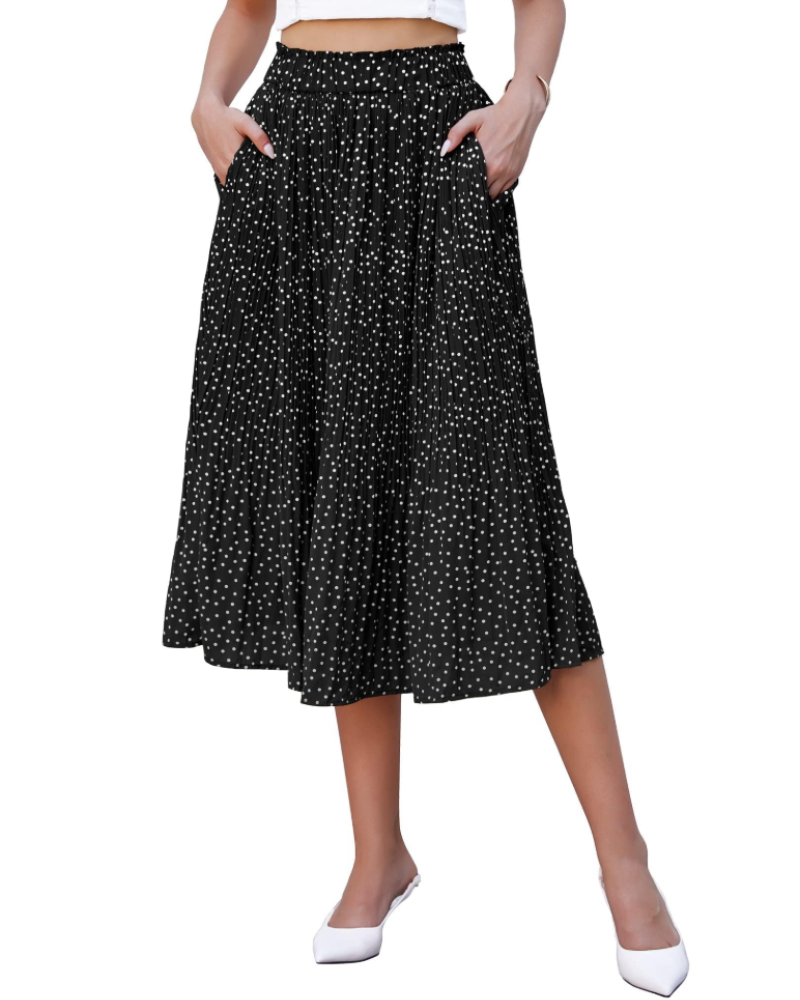 Everly Jupe Midi Plissée Damen – Gepunkteter Chiffonrock mit Taschen