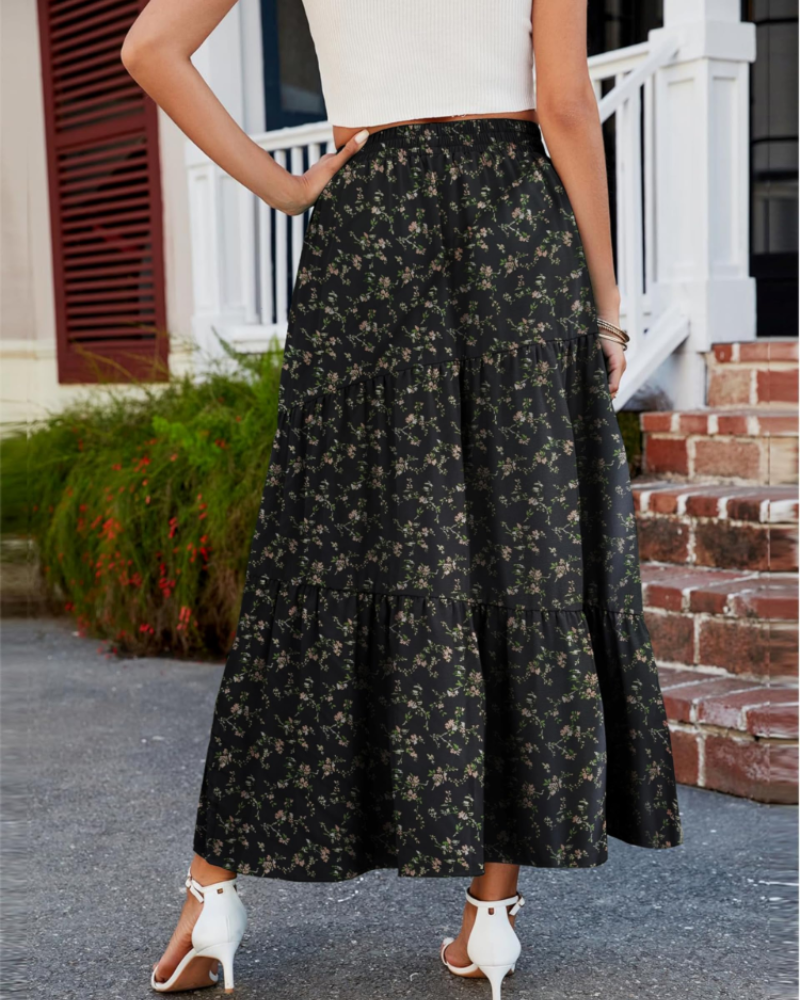 Natalie Jupe Maxi Feminina – Saia Longa Evasê com Cintura Alta Elástica, Babados e Bolsos