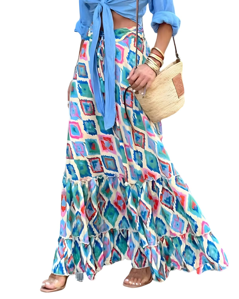 Saia Maxi Feminina Ainsley Jupe com Estampa Floral – Saia Boémia com Cintura Smockada e Folhos