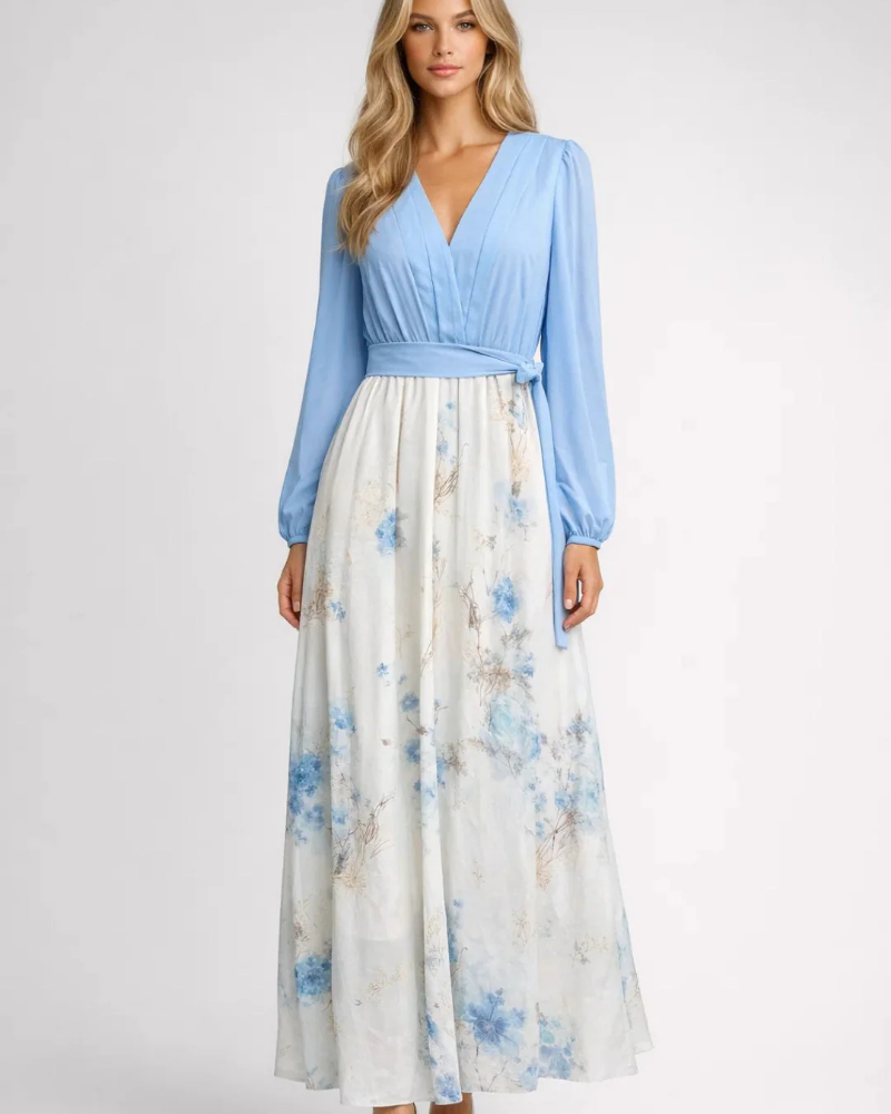 Morgan Maxi-jurk voor dames – Lange lichtblauwe jurk met bloemen, V-hals en transparante mouwen