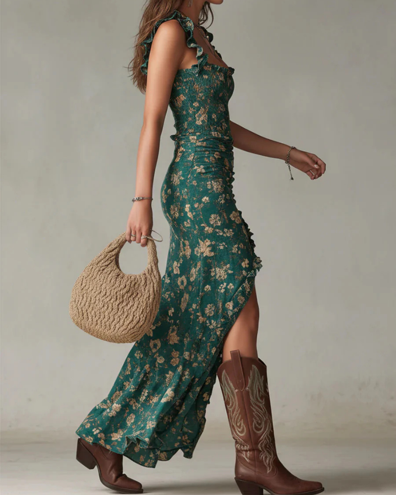 Bella Maxi Bohemian Dress for Women – Long Flowing Dress with High Slit, Elegant Vintage Print