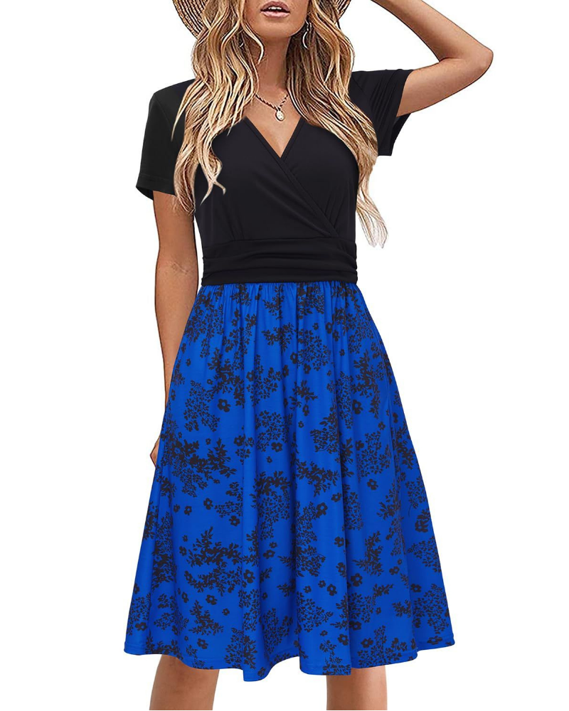Rosalie Women's Floral Midi Dress – V-Neck Empire Waist Dress with Pockets