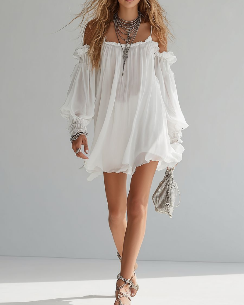 Abito Mini Quinn da Donna – Abito Bohemien con Spalle Scoperte in Mussola Leggera ed Elegante