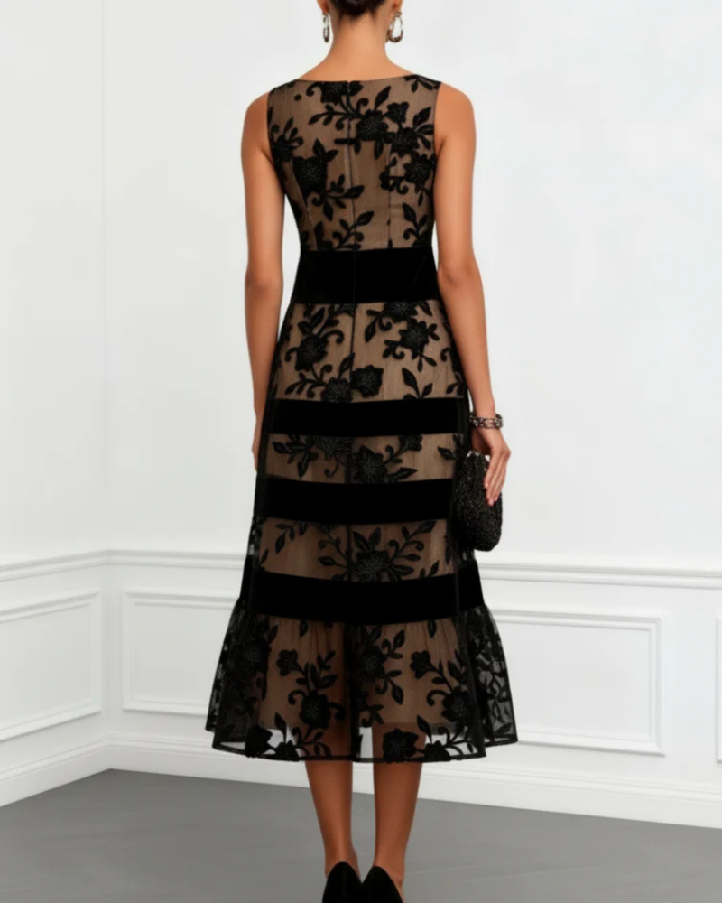 Vestido de cóctel Kendall para mujer – Vestido midi con cuello barco y flores 3D, corte trapecio elegante