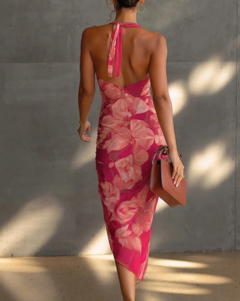 Vestido Floral Sophie para Mujer – Vestido Ajustado Fucsia con Cuello Drapeado y Pliegues Elegantes