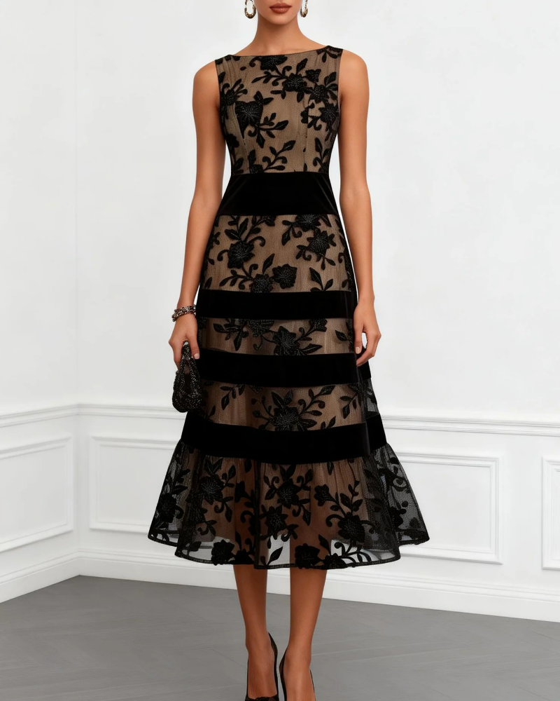 Vestido de cóctel Kendall para mujer – Vestido midi con cuello barco y flores 3D, corte trapecio elegante