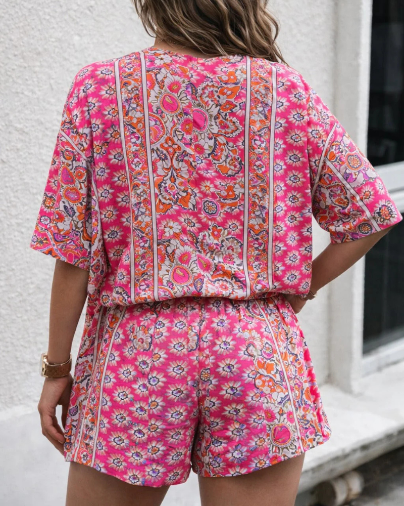 Everly Ensemble 2-delig Dames – Bloemenprint Set met Korte Mouwen Blouse en Lichtgewicht Zomer Shorts