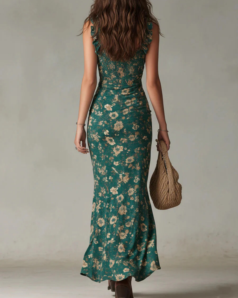 Bella Maxi Bohemian Dress for Women – Long Flowing Dress with High Slit, Elegant Vintage Print