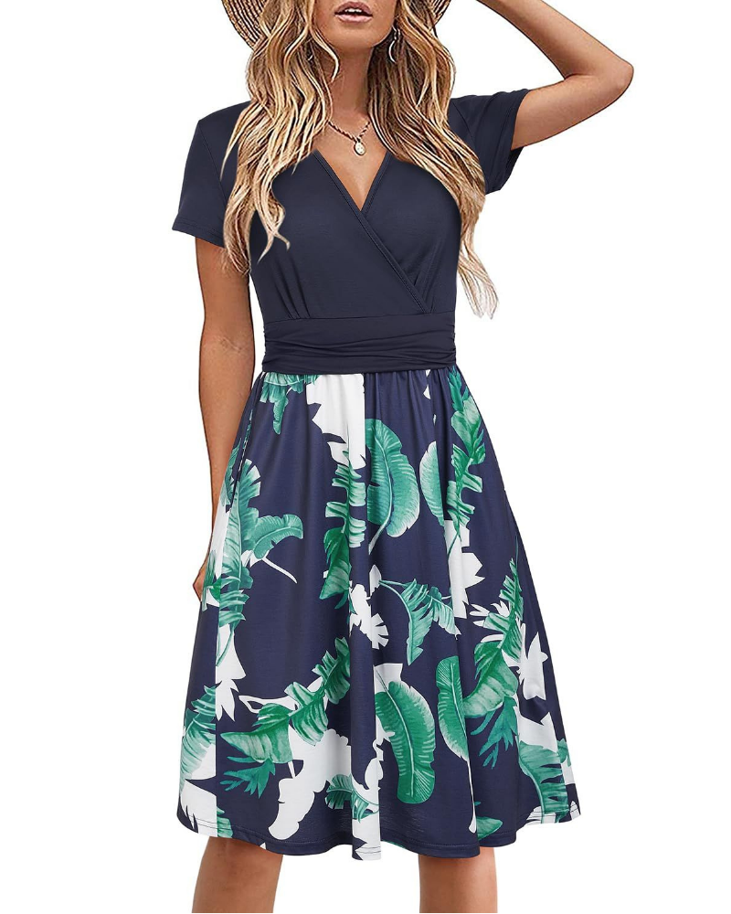 Rosalie Women's Floral Midi Dress – V-Neck Empire Waist Dress with Pockets