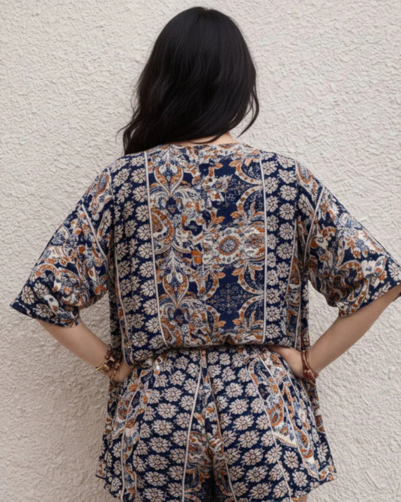 Everly Ensemble 2-delig Dames – Bloemenprint Set met Korte Mouwen Blouse en Lichtgewicht Zomer Shorts