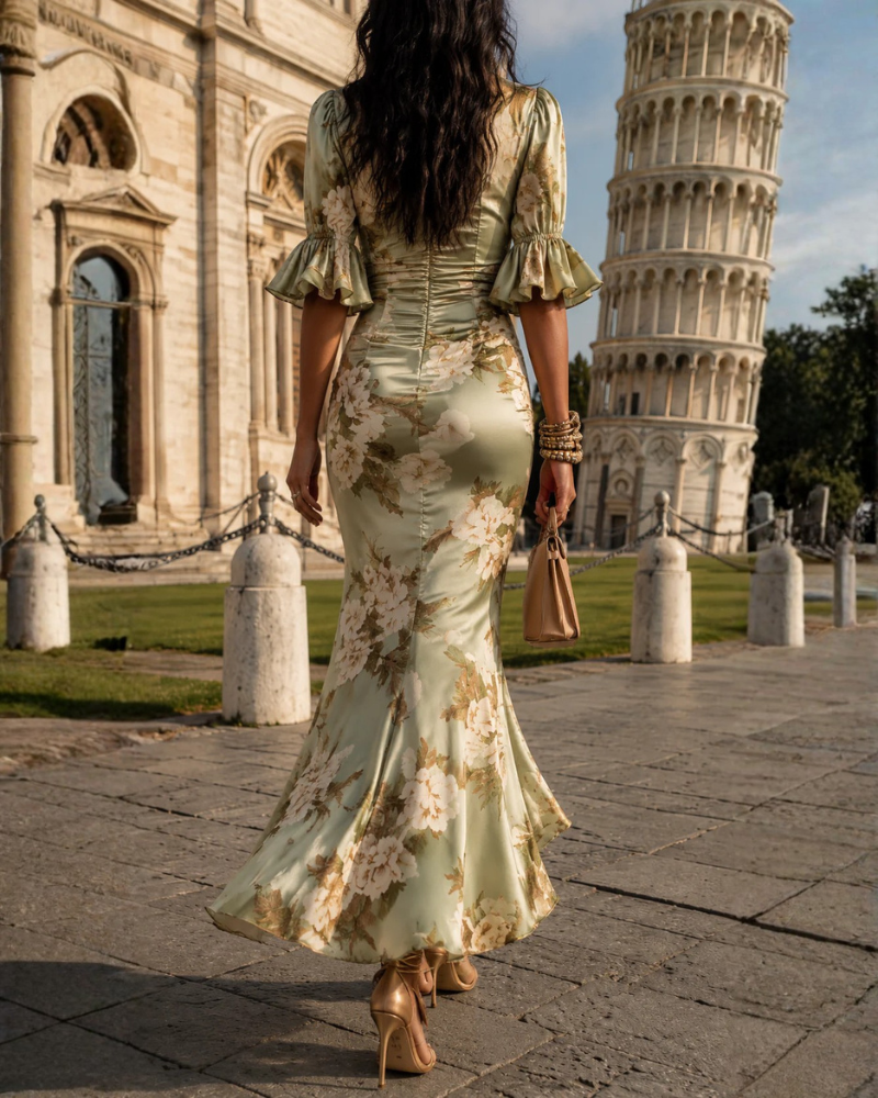 Blair Maxi Dress for Women – Long Printed Wrap Dress with Ruffles, Elegant Fit