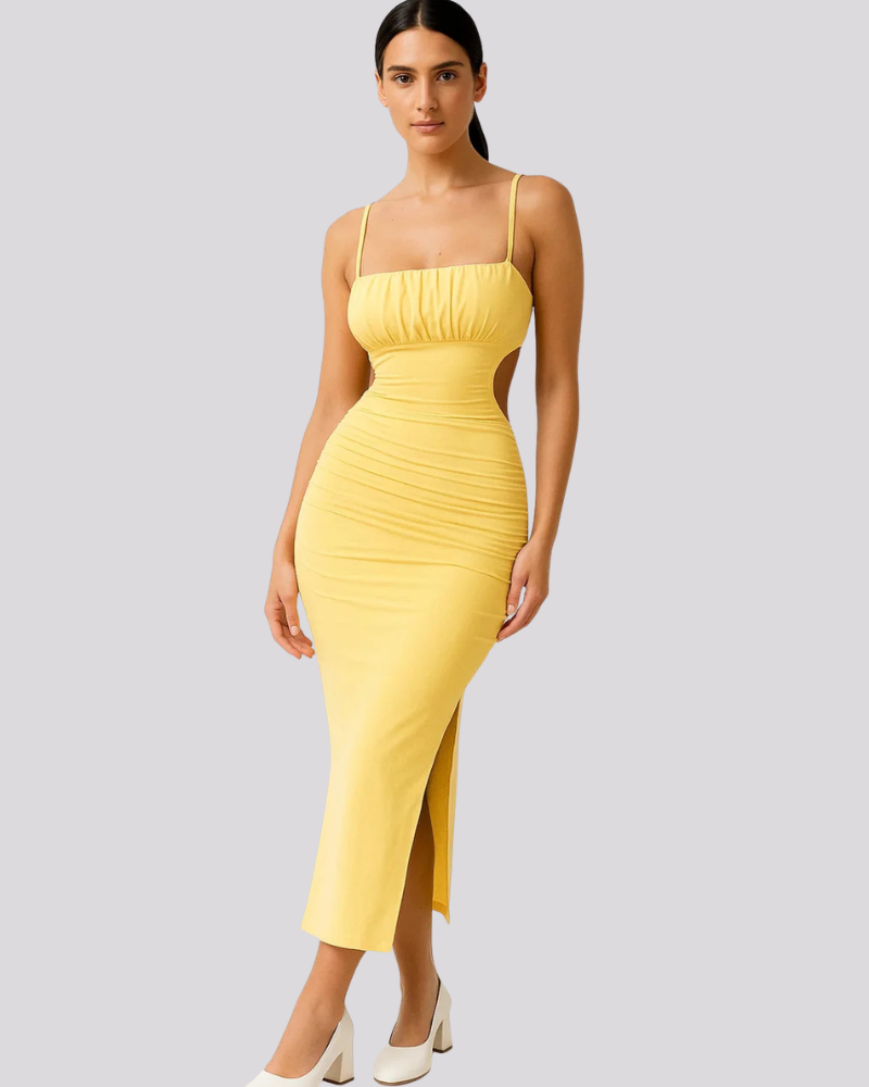 Parker Robe Midi Femme – Robe Jaune Ajustée Plissée Bretelles Fines Tissu Extensible