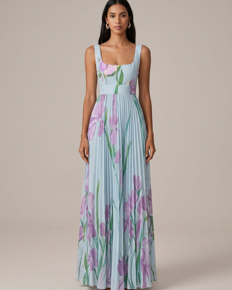 Vestido Maxi Wren Robe Floral Feminino – Vestido Longo Plissado com Estampa Floral Elegante e Fluido