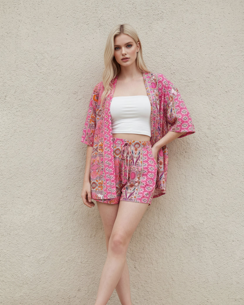 Everly Ensemble 2-delig Dames – Bloemenprint Set met Korte Mouwen Blouse en Lichtgewicht Zomer Shorts