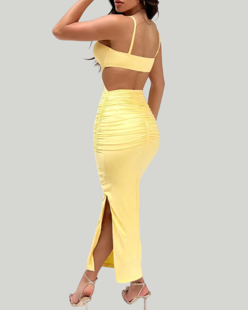 Parker Robe Midi Femme – Robe Jaune Ajustée Plissée Bretelles Fines Tissu Extensible