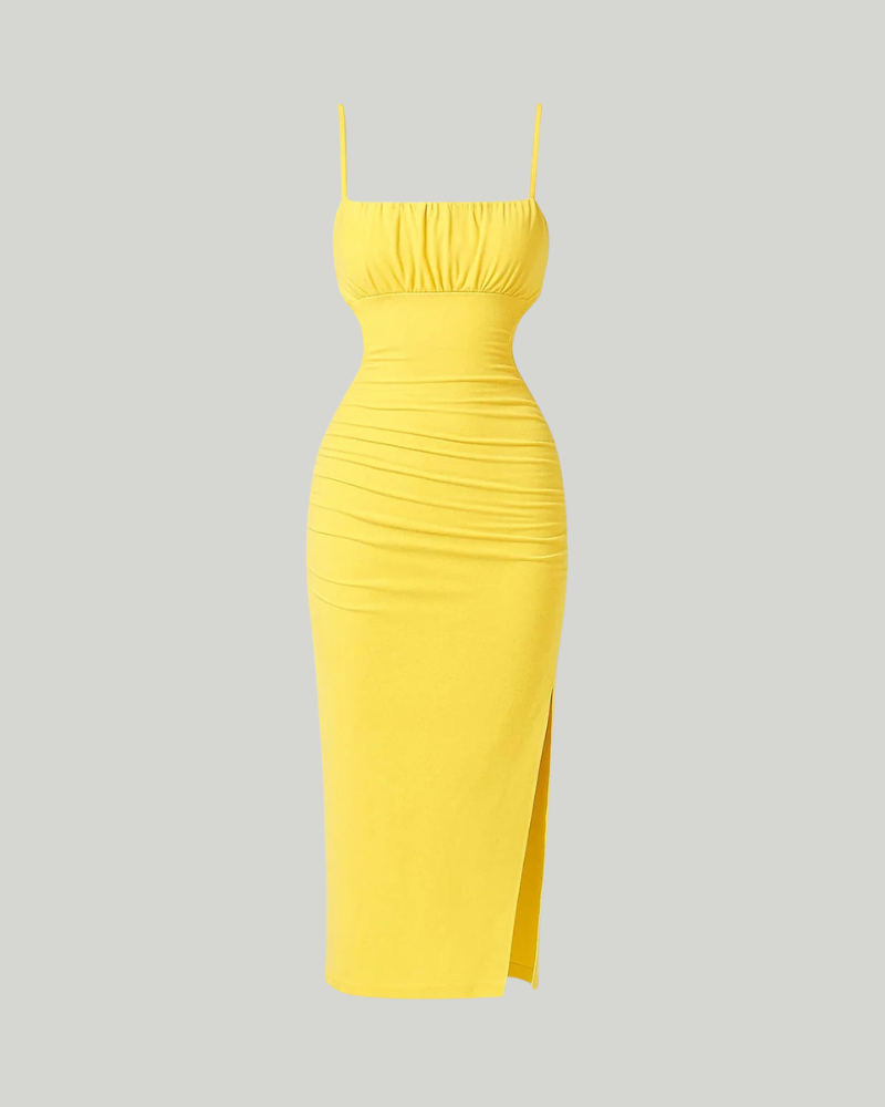 Parker Robe Midi Femme – Robe Jaune Ajustée Plissée Bretelles Fines Tissu Extensible