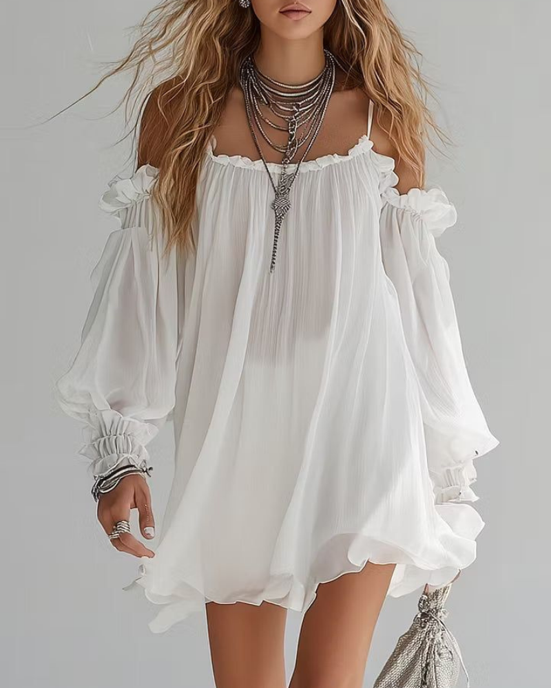 Quinn Mini-Kleid für Damen – Elegantes Boho-Kleid mit schulterfreiem Design aus leichter Chiffonqualität