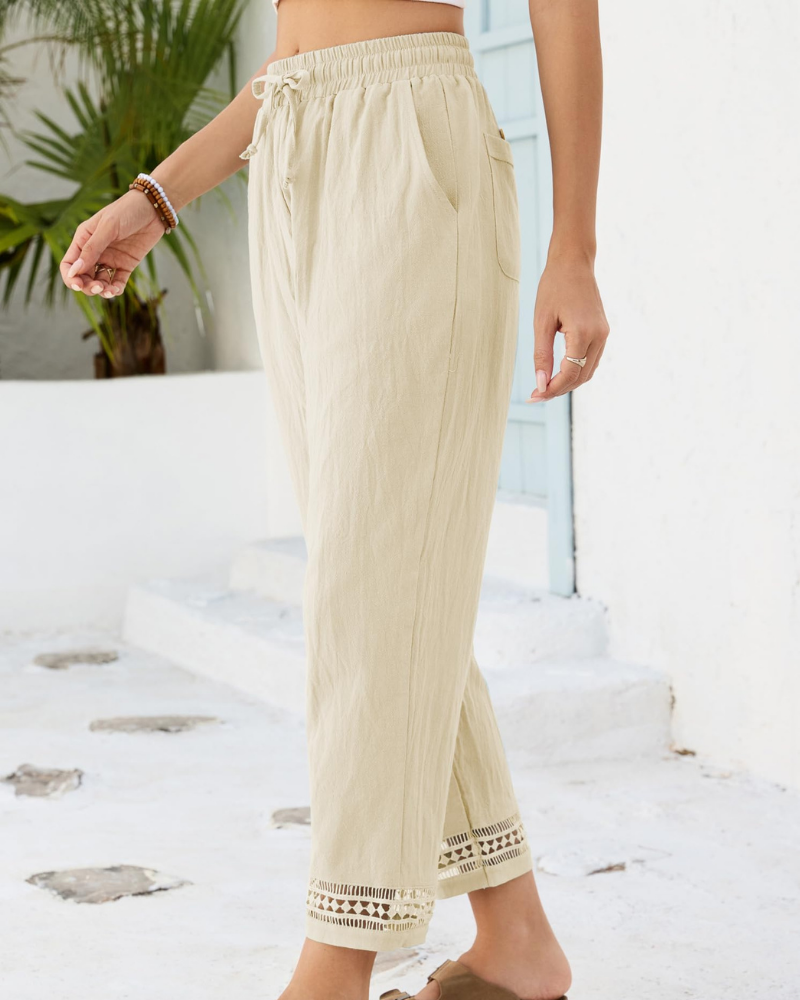 Vanessa Pantalone Large Donna in Lino – Modello 7/8 con Coulisse e Pizzo