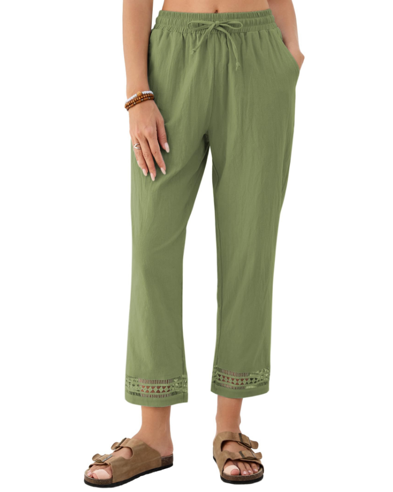 Vanessa Pantalone Large Donna in Lino – Modello 7/8 con Coulisse e Pizzo