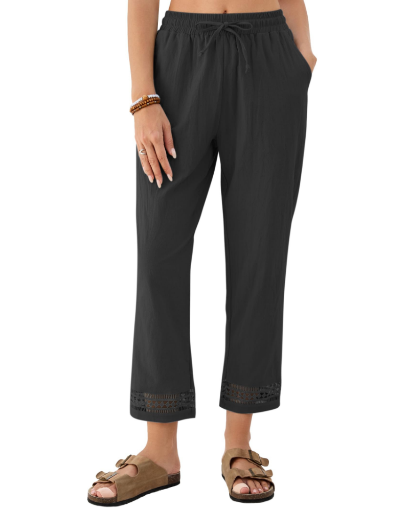Vanessa Pantalone Large Donna in Lino – Modello 7/8 con Coulisse e Pizzo