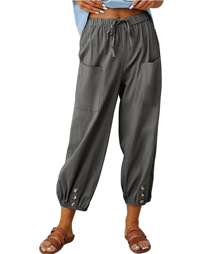 Pantalón Chloe para mujer 7/8 efecto lino – Pantalón ancho con detalle de botones y encaje