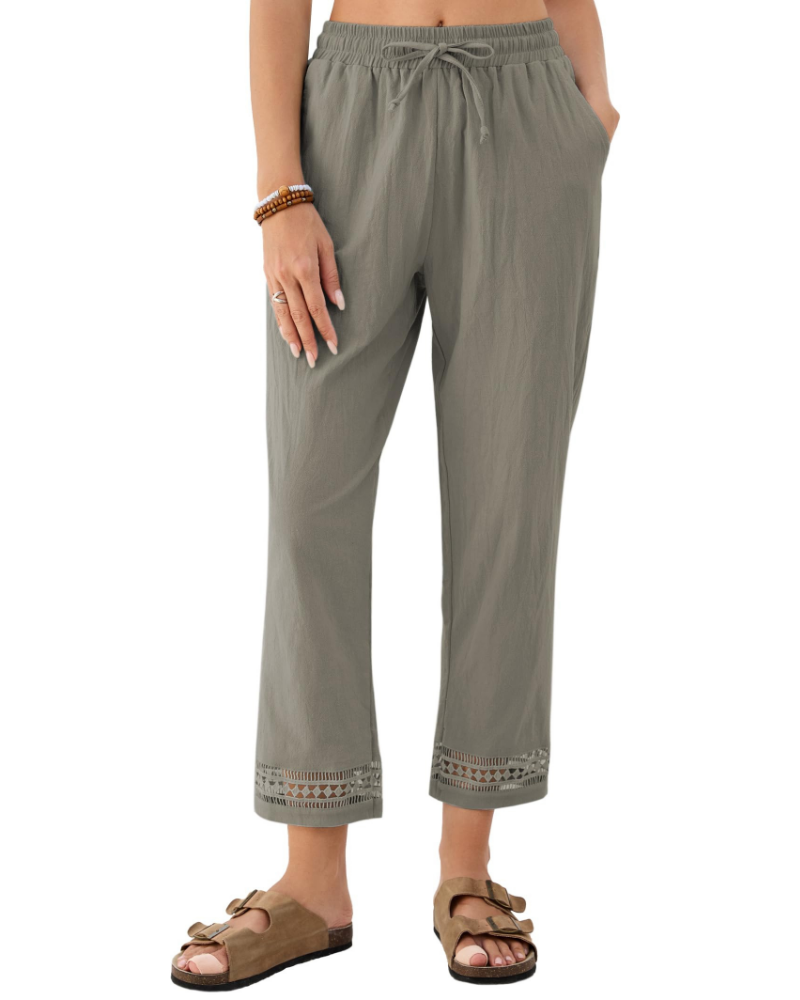 Vanessa Pantalone Large Donna in Lino – Modello 7/8 con Coulisse e Pizzo