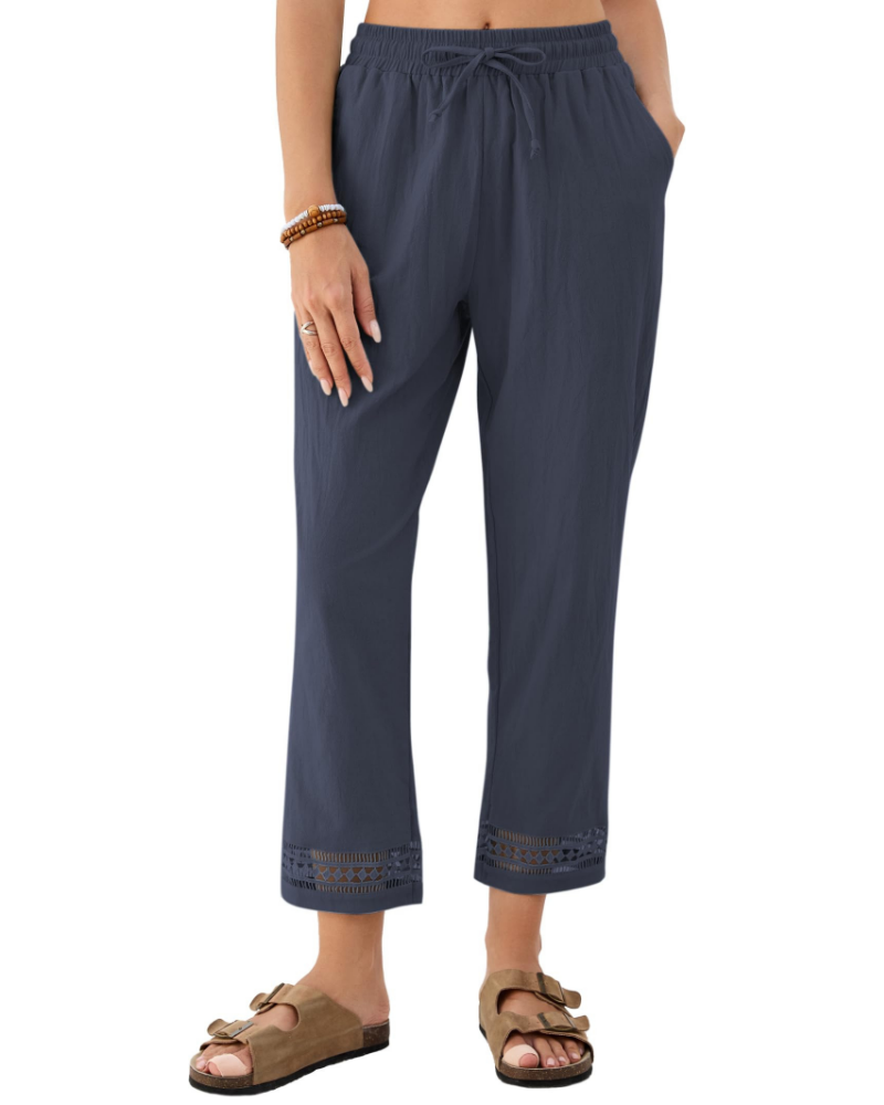 Vanessa Pantalone Large Donna in Lino – Modello 7/8 con Coulisse e Pizzo