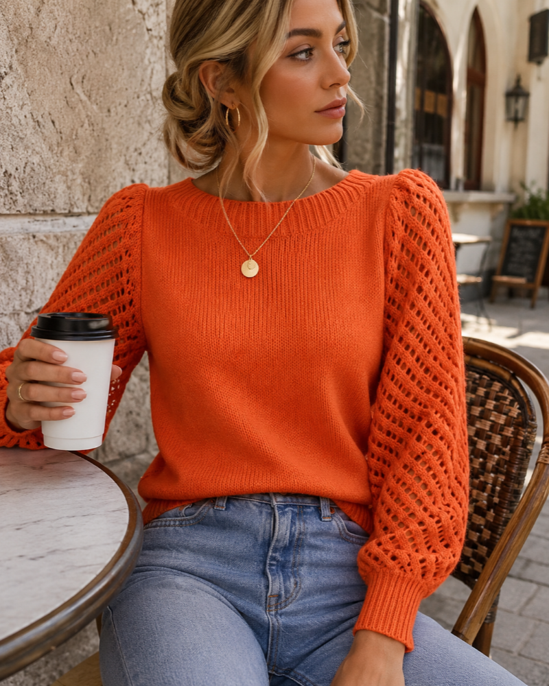Kenna-Pullover aus Strick für Damen – Zarte Spitze, schulterfrei & durchbrochenes Strickmuster