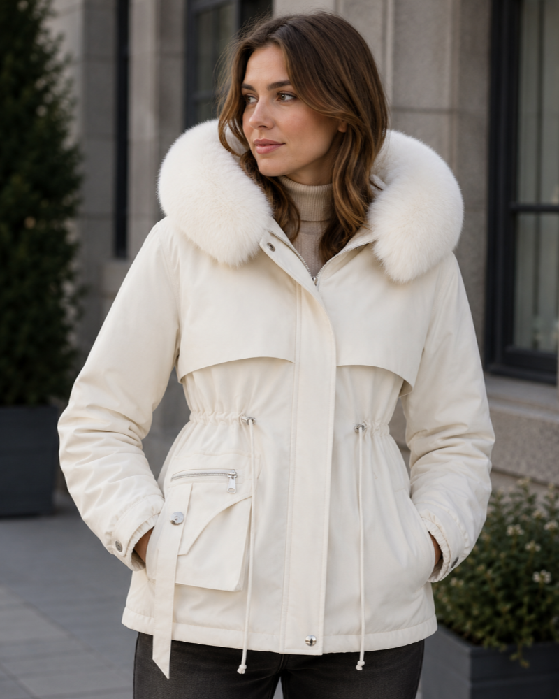 Damenparka Marianna mit Kapuze – warmes Futter, Fellimitatkragen und verstellbare Taille