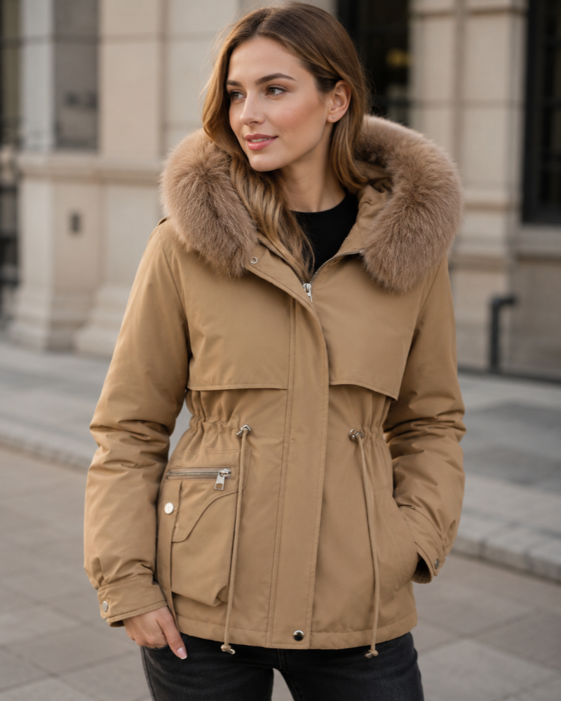 Damenparka Marianna mit Kapuze – warmes Futter, Fellimitatkragen und verstellbare Taille