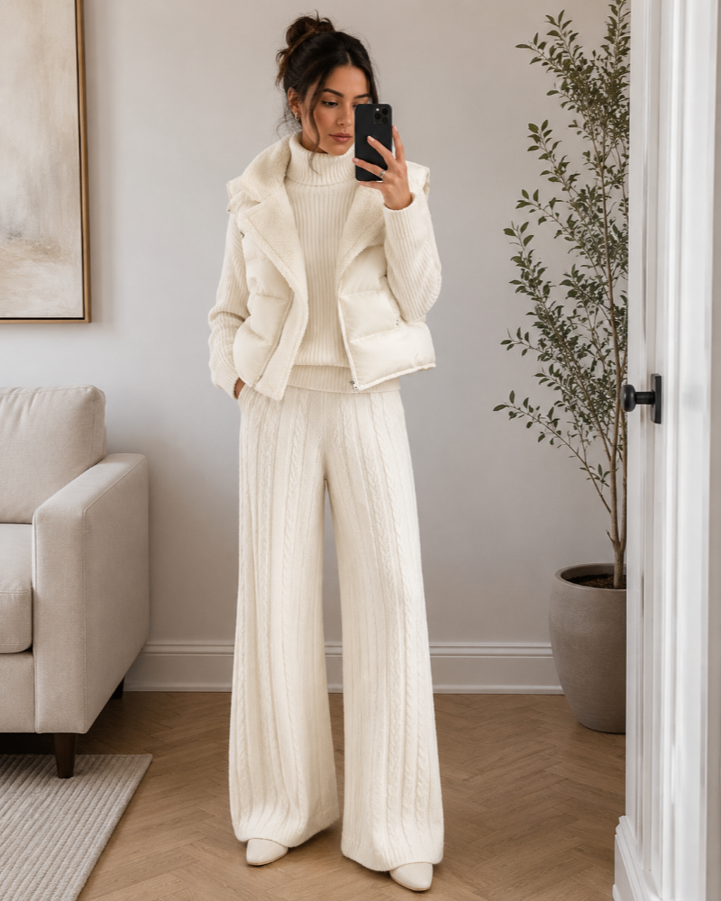 Completo da donna Laurel a 3 pezzi – maglione a collo alto, pantaloni in maglia e gilet trapuntato