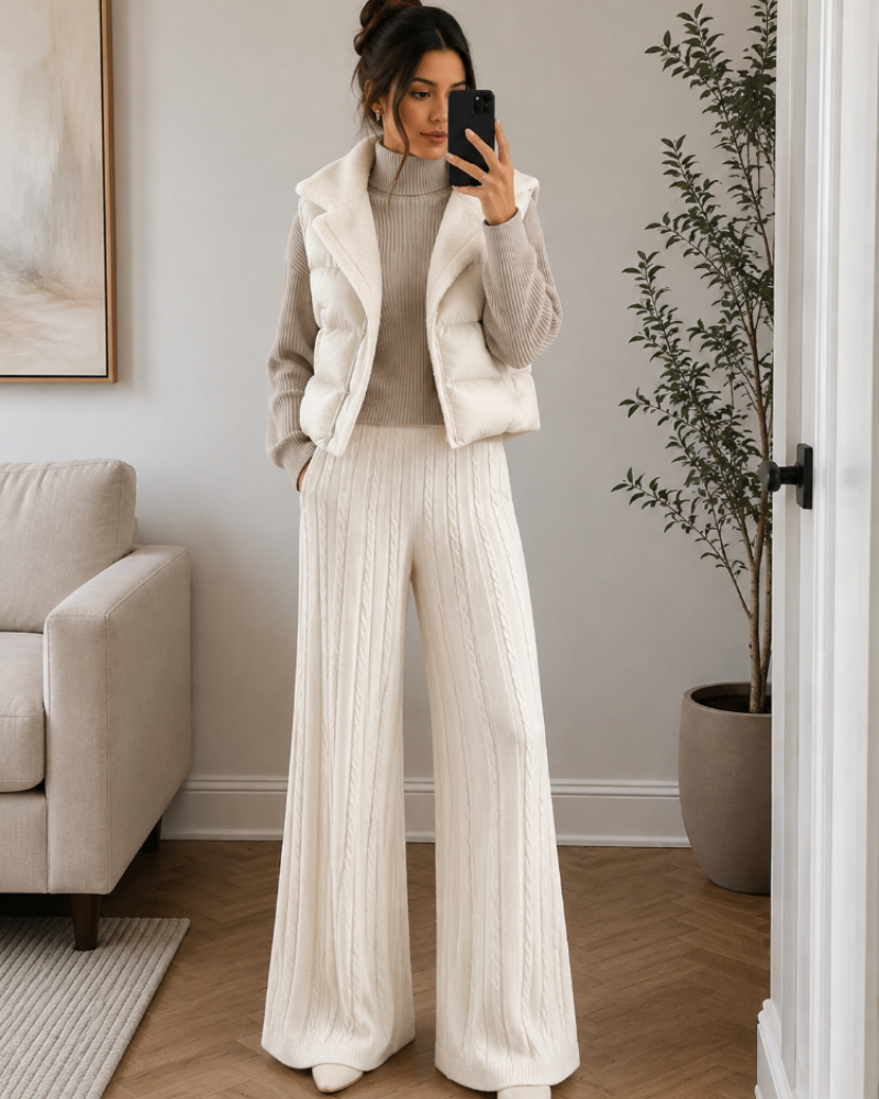 Completo da donna Laurel a 3 pezzi – maglione a collo alto, pantaloni in maglia e gilet trapuntato